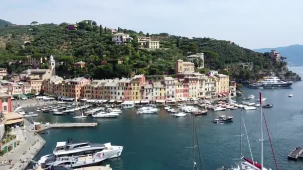Europa Italien Portofino Ligurien Drohnen Luftaufnahme Des Hafens Von Portofino — Stockvideo