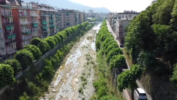 Drone Aerial View Small River Bed Completely Water Goes Sea — 비디오