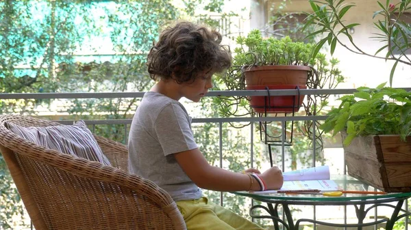 Year Old Boy Child Does Elementary School Homework Summer Home — Stockfoto