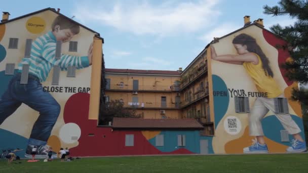 Italy Milan Footage Mural Titled Close Gap Open Your Future — Stockvideo