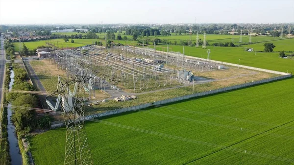 Italy Drone View Power Plant Lacchiarella Milan Valley High Voltage — Stock Photo, Image