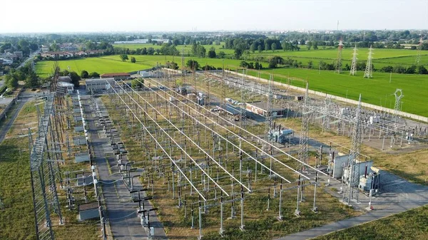 Italy Drone View Power Plant Lacchiarella Milan Valley High Voltage — Stock Photo, Image