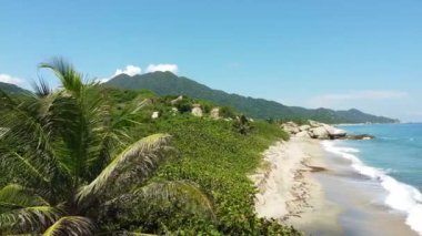 Santa Marta Kolombiya, Tayrona Doğal Parkı Karayipler denizi Piscinas, muhteşem kumsal ve orman manzarası palmiye ağaçlarıyla dolu - terk edilmiş ve yaz tatili için cennet plajı