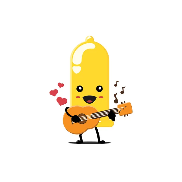 Cute Żółty Prezerwatywa Charakter Gitara Romantyczna Muzyka — Wektor stockowy