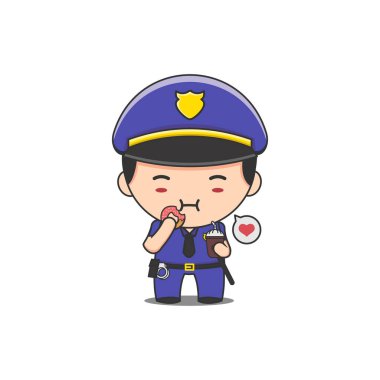 Tatlı bir polisin çörek ve kahveyi sevdiğinin vektör çizimi.