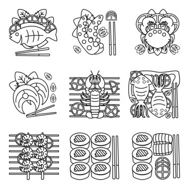 Deniz ürünleri ikonu. Izgara balık, balık eti, ahtapot dokunaçları, yengeç, karides, ıstakoz, ızgara kalamar, suşi. Logo şablonu veya menü görüntüsü için uygun