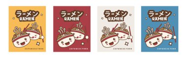 Ramen makarna posterleri farklı renklerde dizayn edilmiş.