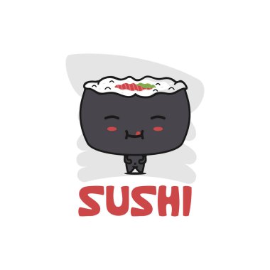 Şirin suşi maskotu karakteri, Japon yemek karikatürü çizimi.