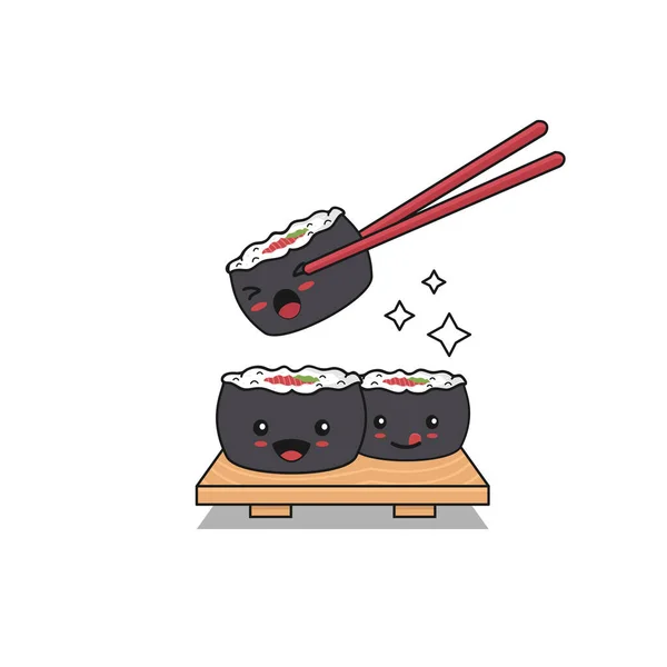 Personagens Sushi Japonês Food Cartoon Ilustração Isolada Fundo Branco — Vetor de Stock