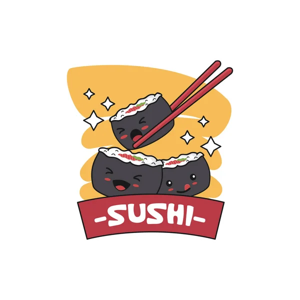 Plantilla Logotipo Comida Sushi Con Tres Personajes Sushi Que Tienen — Vector de stock