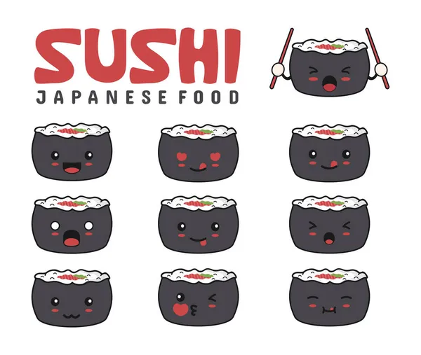 Bonito Sushi Emoji Com Diferentes Expressões Faciais — Vetor de Stock