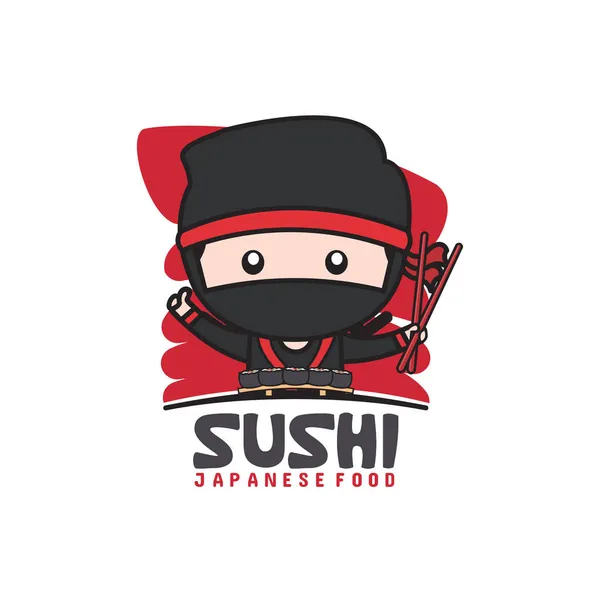 Linda Plantilla Logotipo Mascota Ninja Para Comida Sushi — Vector de stock