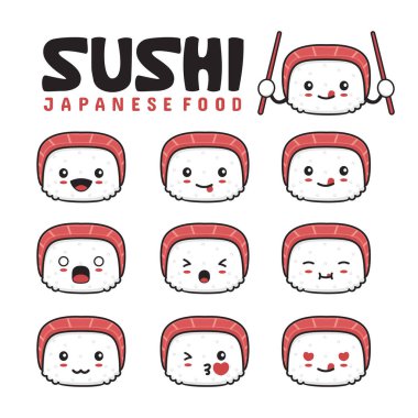 Farklı yüz ifadeleri olan şirin suşi emojisi.