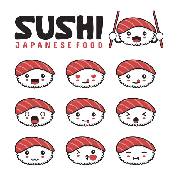 Emoji Sushi Lindo Con Diferentes Expresiones Faciales — Vector de stock