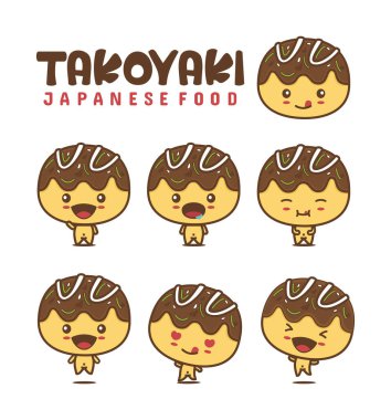 Şirin takoyaki maskotu. Japon yemeklerini farklı ifadelerle resmetmek