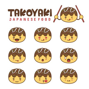 Sevimli takoyaki karakterleri. Japon yemek çizimleri ve farklı ifadeler