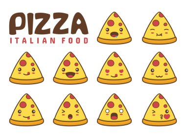 Tatlı çizgi film pizza dilimleri. farklı yüz ifadeleriyle