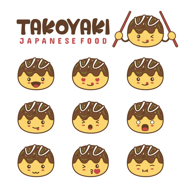 Sevimli takoyaki karakterleri. Japon yemek çizimleri ve farklı ifadeler