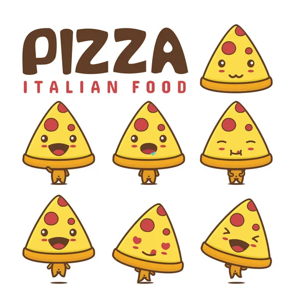 Nette Cartoon Pizza Scheiben Mit Unterschiedlicher Mimik — Stockvektor