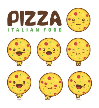 Pizza yuvarlak sevimli maskot çizgi filmi. farklı yüz ifadeleriyle