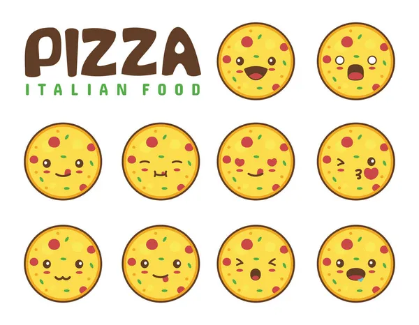Pizza Yuvarlak Sevimli Çizgi Film Farklı Yüz Ifadeleriyle — Stok Vektör