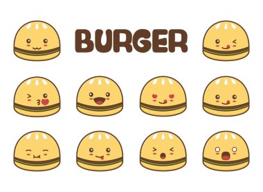 Bir dizi komik burger duyguları. Fast food çizimi