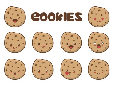 Farklı ifadelere sahip sevimli kurabiye karakterleri, beyaz arkaplanda izole edilmiş.