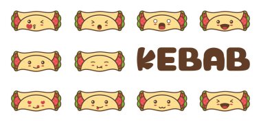Emoji kebap karakter seti. Farklı yüz ifadeleri olan vektör illüstrasyonu