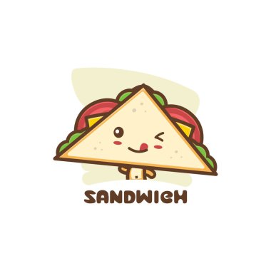 Şirin maskot sandviçi. Logo ambalajı, fırın ürünü markaları, menü gösterimleri vs. için uygun.