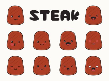 Set, farklı yüz ifadeleri olan biftek dilimlerinin çizgi film çizimleri.