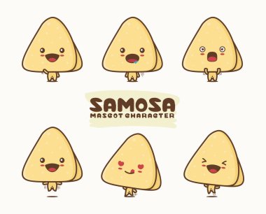 Hazır. Çeşitli pozlarla Samosa maskotu illüstrasyonu. Baharatlı patatesle dolu kızarmış üçgen kek, bu aperatif Asya 'da popüler..