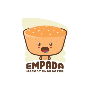 Şirin maskot empada. Geleneksel Brezilya atıştırmalıkları. Paketleme logoları, gıda ürünleri markaları, menü gösterimleri vs. için uygun.