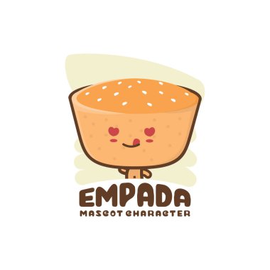 Şirin maskot empada. Geleneksel Brezilya atıştırmalıkları. Paketleme logoları, gıda ürünleri markaları, menü gösterimleri vs. için uygun.