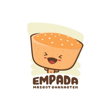 Şirin maskot empada. Geleneksel Brezilya atıştırmalıkları. Paketleme logoları, gıda ürünleri markaları, menü gösterimleri vs. için uygun.