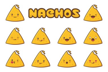 Tatlı nachos çizgi filmi. Yüz ifadeleri farklı olan yüz ifadeleri.