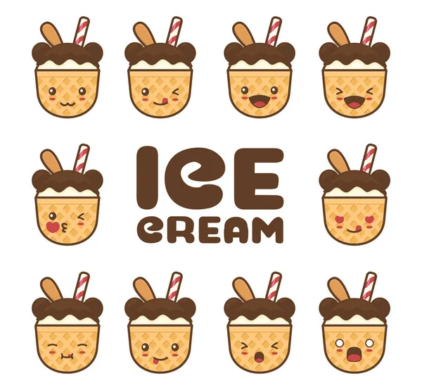 Ice Cream Cartoon Emoticons Different Facial Expressions — Stock Vector