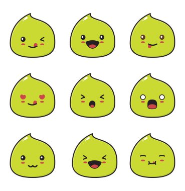 Sevimli wasabi karakterleri. farklı yüz ifadeleriyle. Beyaz arkaplanda izole edilmiş vektör