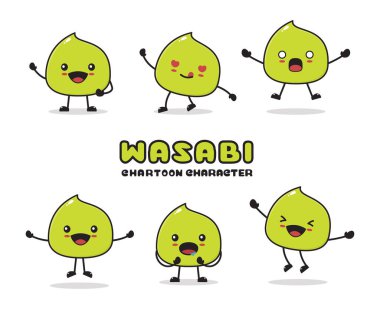 Sevimli wasabi karakterleri. Farklı yüz ifadeleri ve pozlarla. Beyaz arkaplanda izole edilmiş vektör