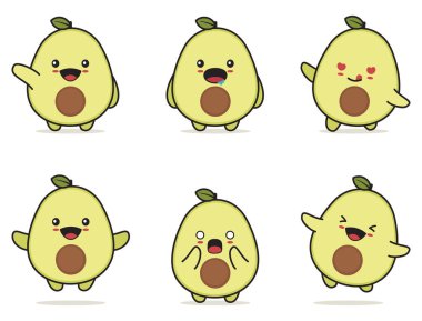 Tatlı avokado karakterleri. Yüz ifadeleri ve farklı pozlarla..