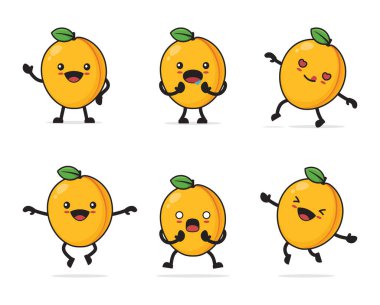 Kayısı meyveli çizgi film. Beyaz arka planda izole edilmiş yüz ifadeleri ve farklı pozlarla