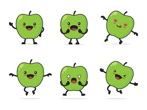 Cartoon Green Apple Facial Expressions Different Poses Isolated White Background — Stock Vector