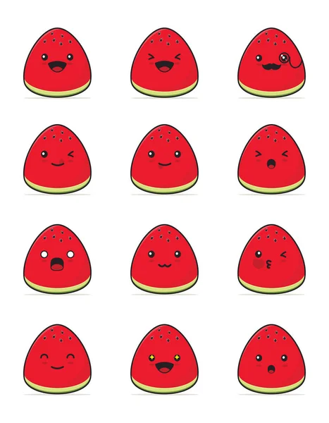 Watermelon Cartoon Distinct Facial Expressions Isolated White Background — Stock vektor