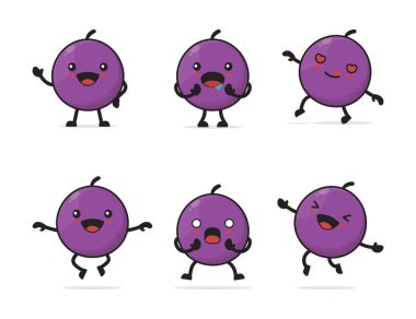 Üzüm çizgi filmi. Farklı yüz ifadeleri ve beyaz bir arkaplanda izole edilmiş pozlar.