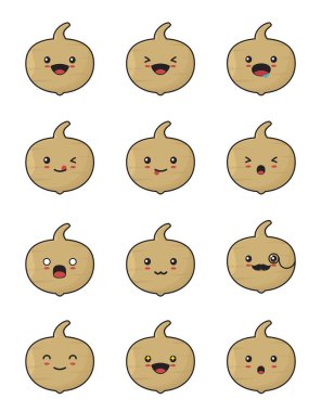 Jicama meyve çizgi filmi. Beyaz arka planda izole edilmiş farklı yüz ifadeleri ile