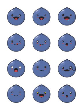 Karikatür böğürtlen meyvesi. Beyaz arka planda izole edilmiş farklı yüz ifadeleri ile