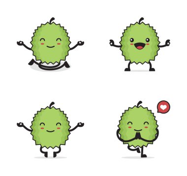 Tatlı Durian çizgi filmi. Yoga pozunda, beyaz arka planda izole edilmiş.