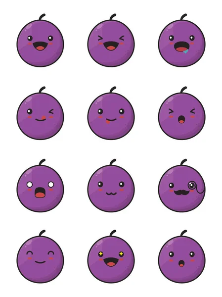 Dibujos Animados Uvas Con Diferentes Expresiones Faciales Aisladas Sobre Fondo — Vector de stock