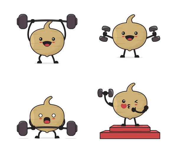 Caricature Aux Fruits Jicama Avec Équipement Exercice Haltères Haltères — Image vectorielle