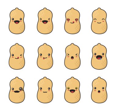 Peanut Cartoon. with different facial expressions isolated on a white background.