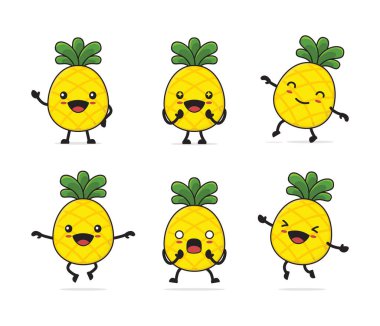 cute pineapple cartoon. with different facial expressions and poses isolated on a white background
